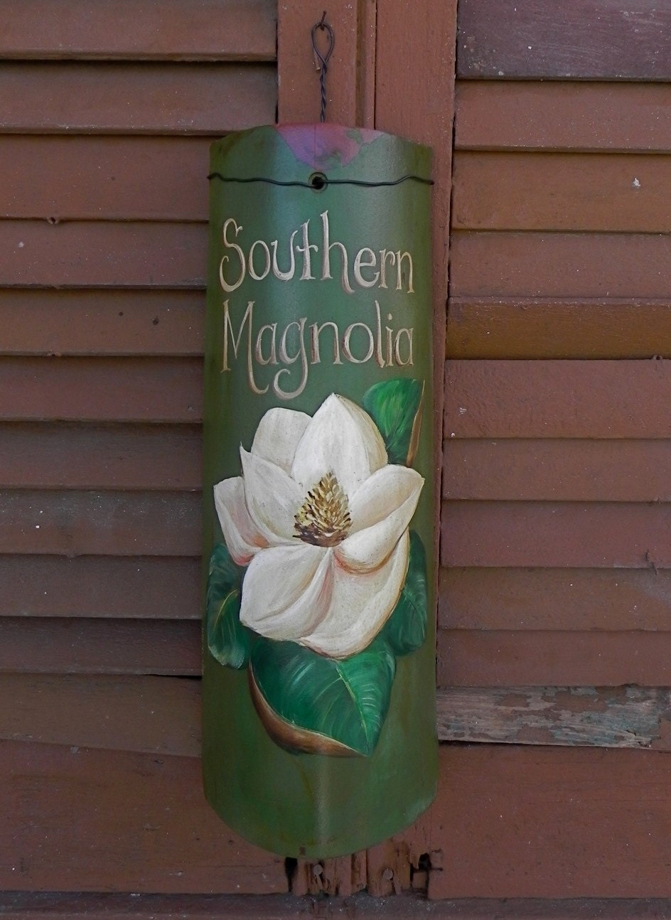 Southern Magnolia painted Roof Ridge Tile Sign - Salvaged from New Orleans- Recycled art