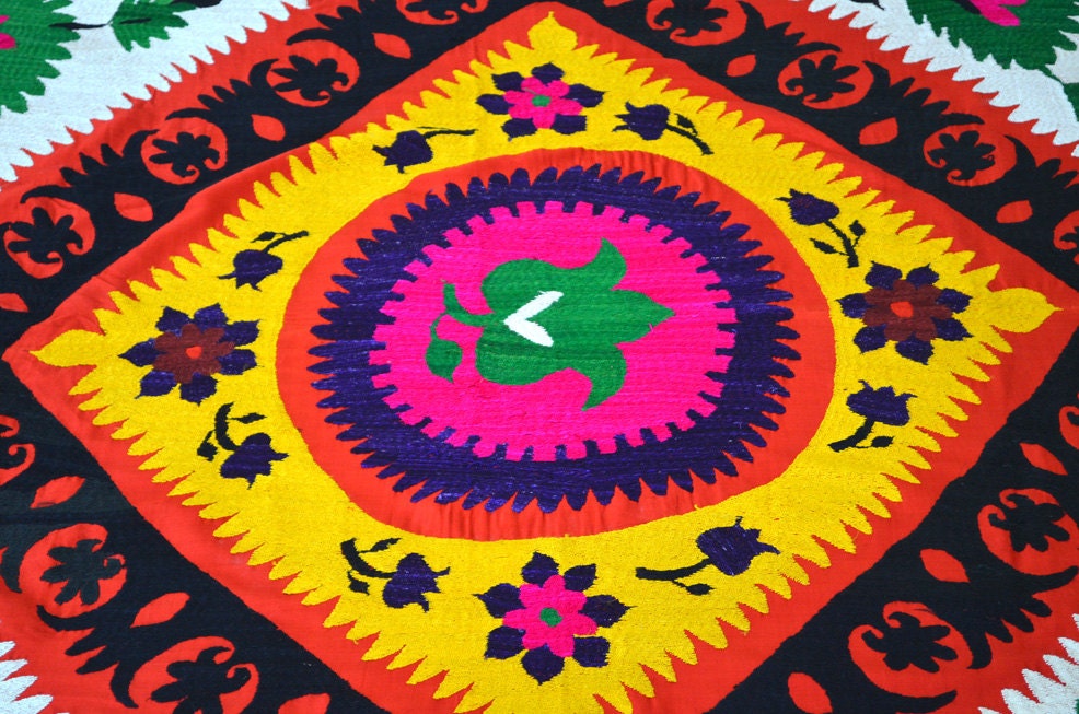 Beautiful wall hanging Antique Suzani from Uzbekistan - fully handmade silk embroidery.