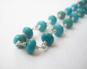 Long Turquoise Necklace - Sterling Silver Beaded Long Rosary Chain of Turquoise Pebbles Opera Lenght Beadwork Necklace