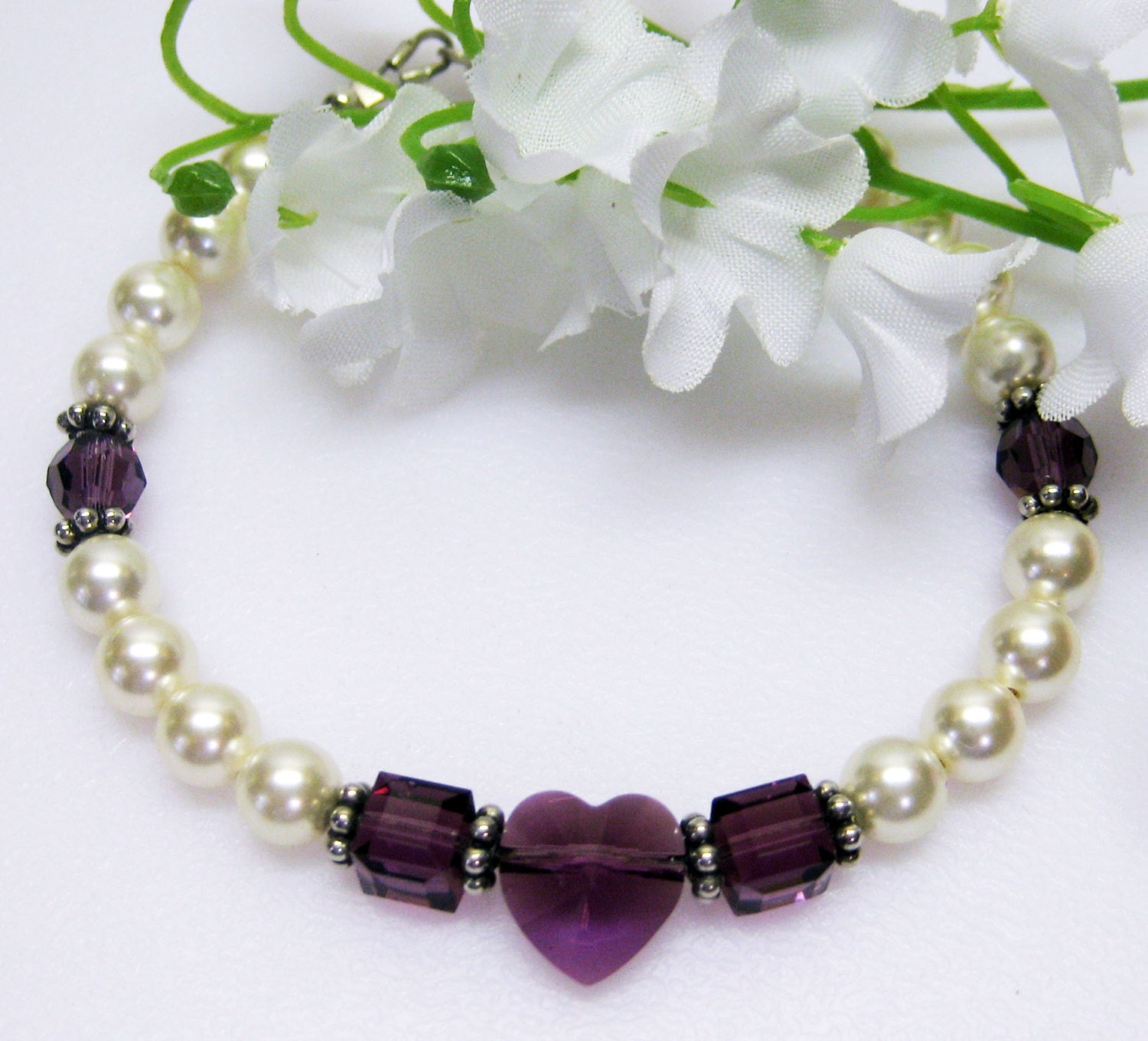 Amethyst Swarovski Crystal Bracelet - Swarovski Crystal Pearl Bracelet - Amethyst Heart Bracelet - February Birthstone Bracelet