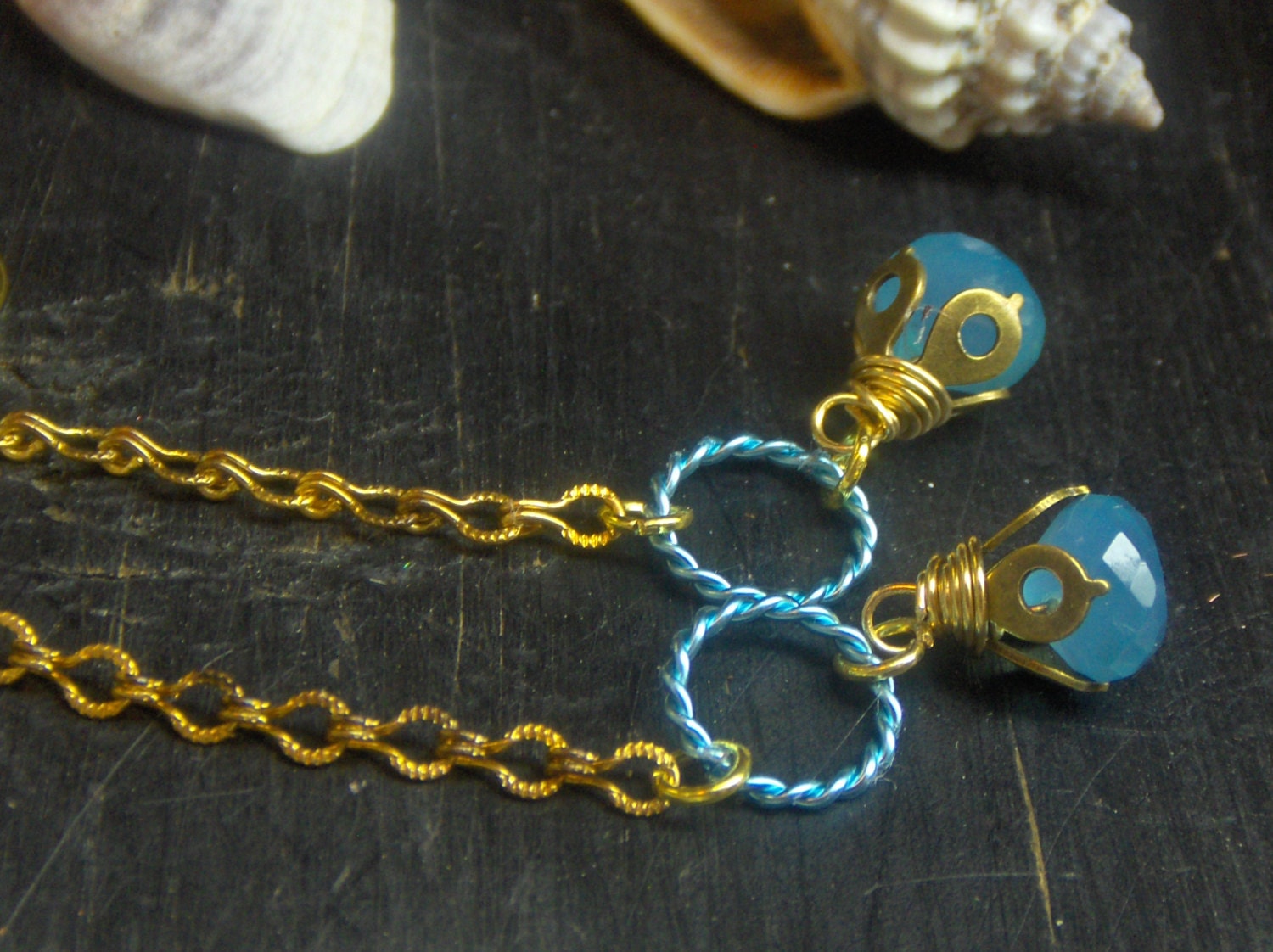 TEARS OF BOANN: Water Goddess. Blue Apatite Briolettes and golden brass dangles