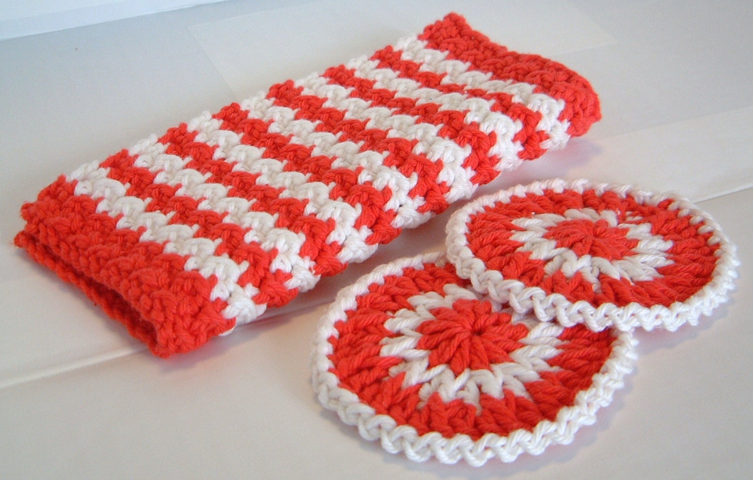 Red/White Stripes Facial Cloth and Scrubbie Set, Cotton Wash Cloth, Cotton Scrubbies, Ready to Ship