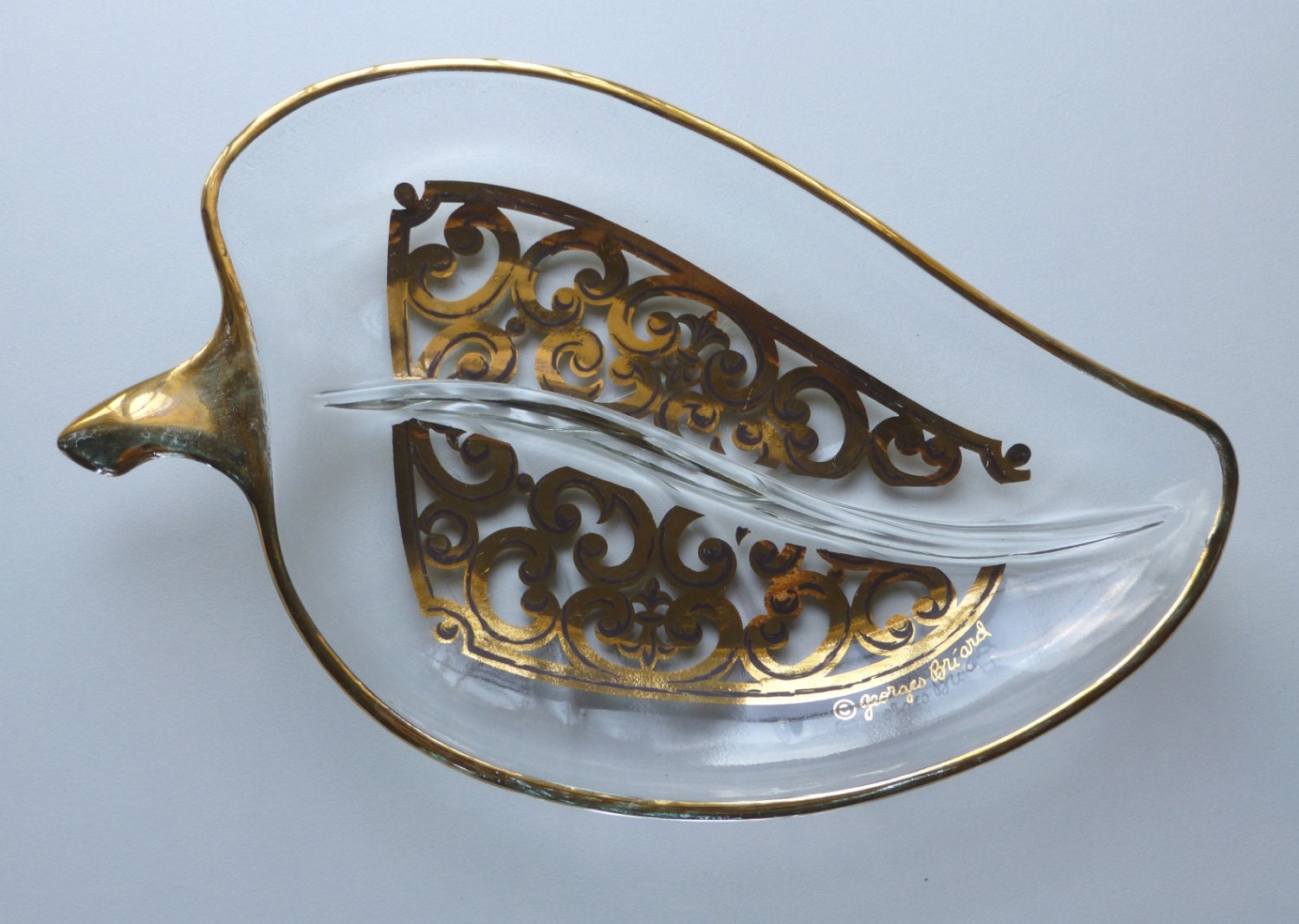 Mid Century Georges Briard Gold Glass Leaf Serving Dish