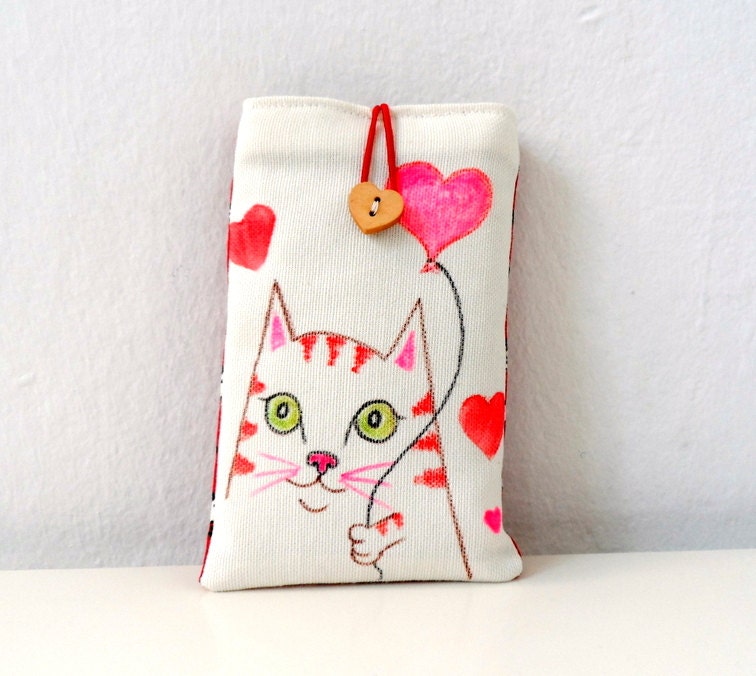 Fabric IPhone Case/ Phone sleeve / Cat with Pink Heart/ Valentines Gift