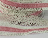 Crochet Velvet Ribbon - Pink/Ivory Ribbon - 3/4 inch