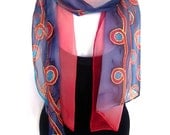 Hand Painted Silk Scarf, Abstract, Blue Red, Silk Chiffon Scarf, Gift Under 50