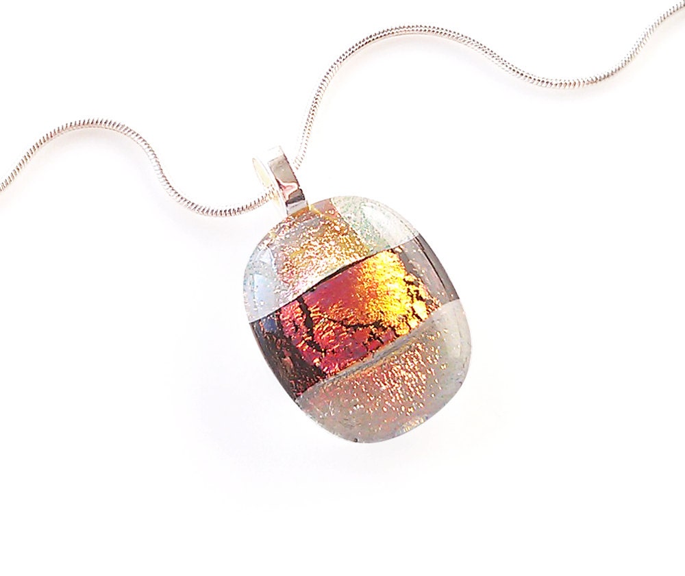 Necklace, Gold, Copper & Magenta Dichroic Pendant, Fused Glass Jewelry