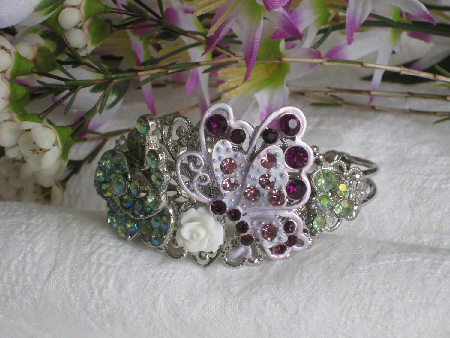 Butterfly Bracelet, Flower, Silver Cuff, Purple Bracelet, Upcycled, OOAK, Chunky Bracelet, Cuff Bracelet, Shabby Chic