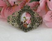Vintage Look,  Rose Bracelet, Gold Cuff, Chunky Bracelet, Handmade, Cameo Bracelet, Vicrotian, Vintage Inspired