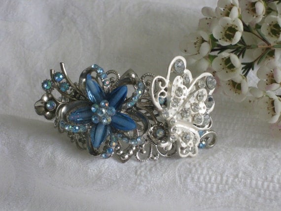 Butterfly Bracelet, Blue Bracelet, Bridal Bracelet, Silver, Cuff Bracelet, Chunky Bracelet, Wedding Jewelry OOAK