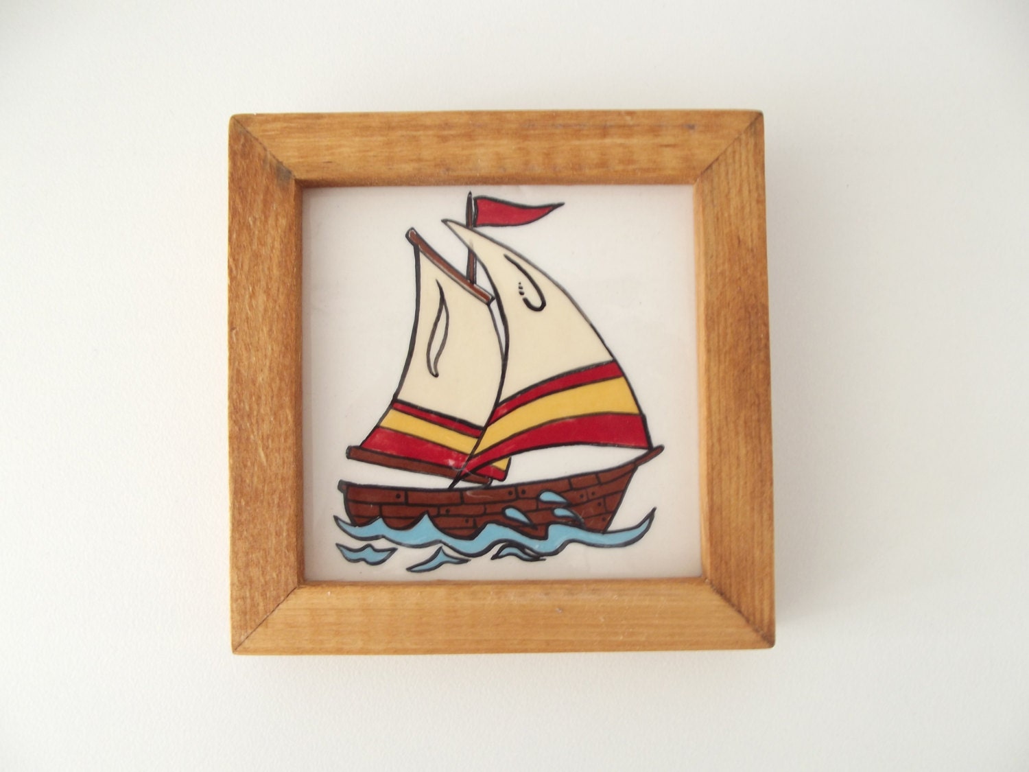 Ceramic Tile in Wood Frame Marine Art Let's Go Sailing...