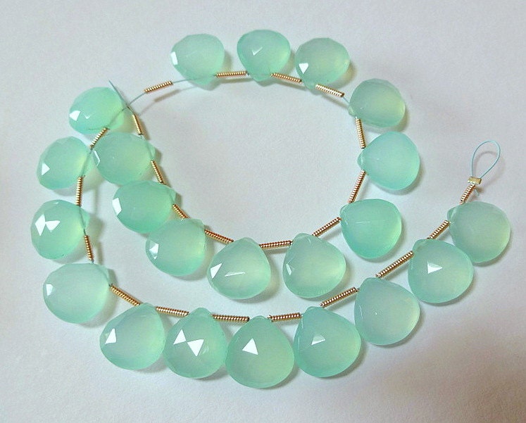 SALE - Seafoam Green Chalcedony Faceted Heart Briolettes, 12mm - (1) Matched Pair