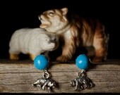 Earrings - Blue Polymer Clay Studs with Pewter Bear Charms - Posts - Only Pair