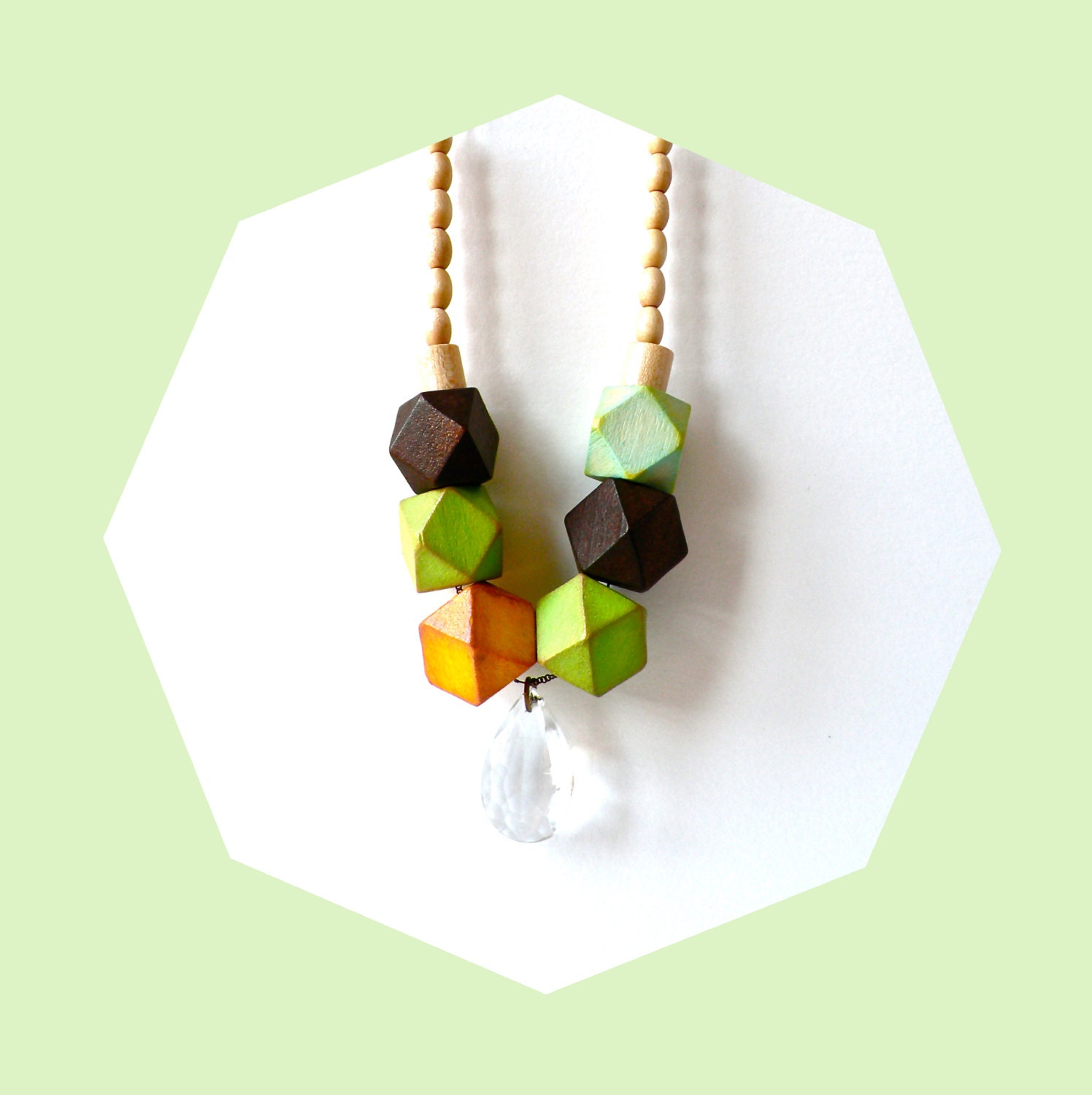 Mint, Pistaccio Green, Mustard, Brown & Natural Wood Hedron Bead Geometric Necklace / Antique Glass Teardrops  / Statement necklace