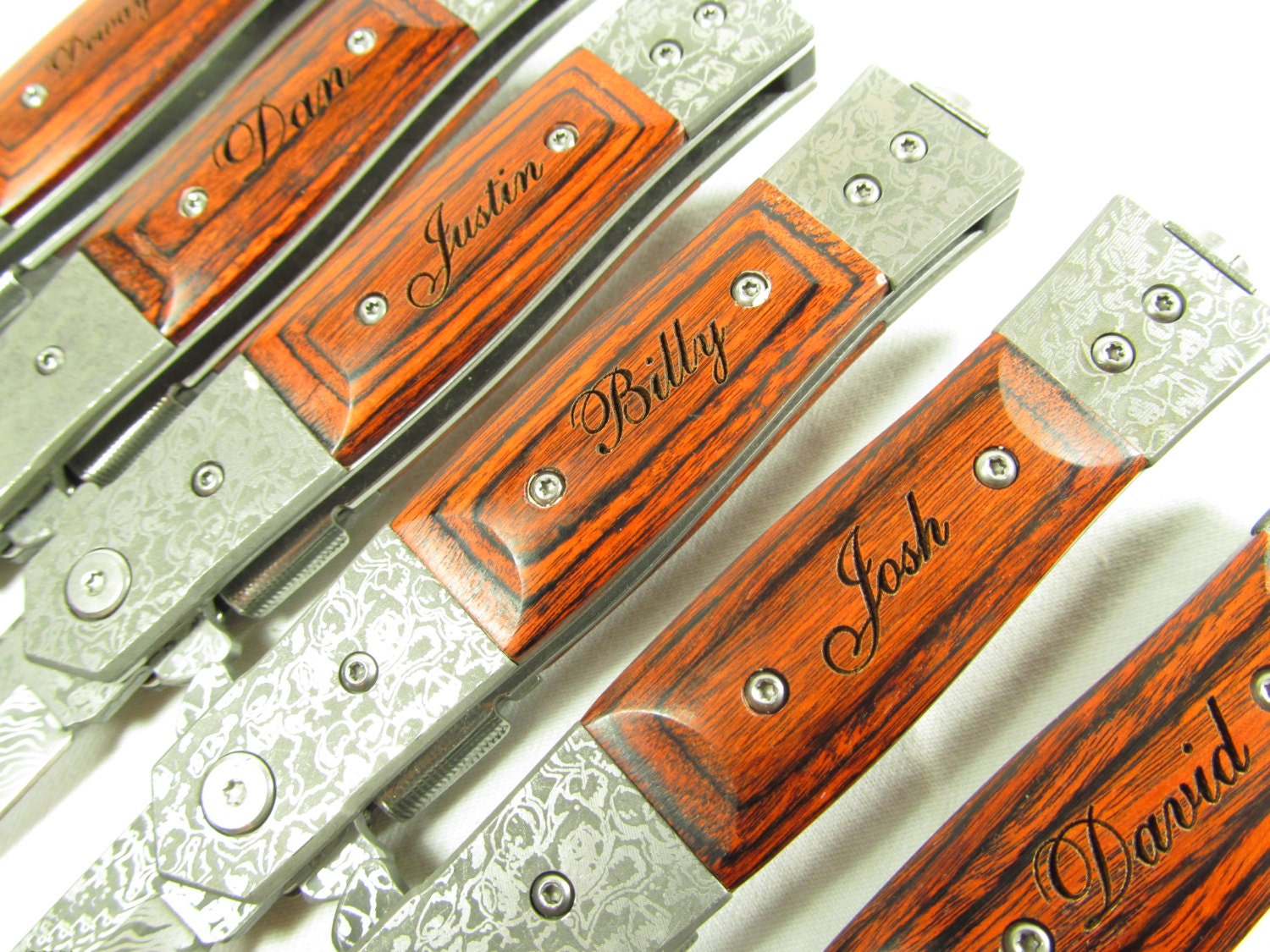 6 Personalized Stiletto Style Damascus Steel Etched Pocket Folding Knife Knives Engraved Groomsman Best Man Ring Bearer Wedding Party Gift