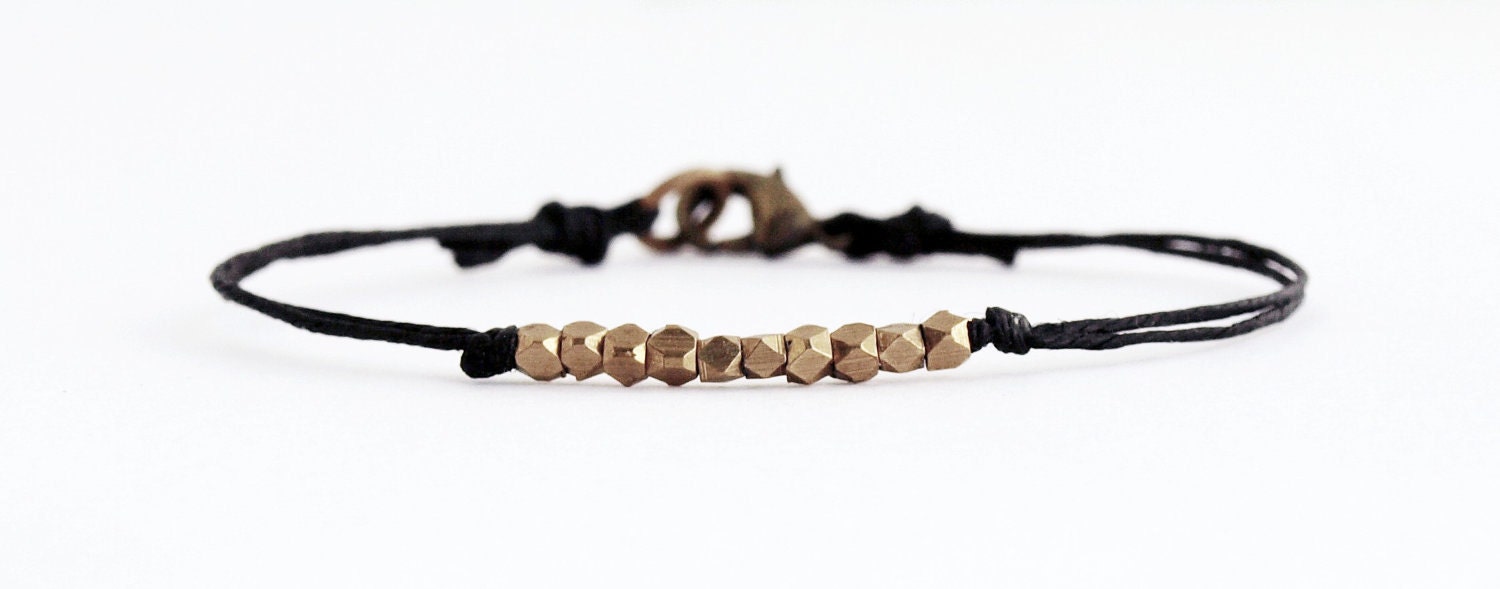 Brass Nuggets Bracelet on Black Irish Waxed Linen - Simple Minimalist Geometric Jewelry