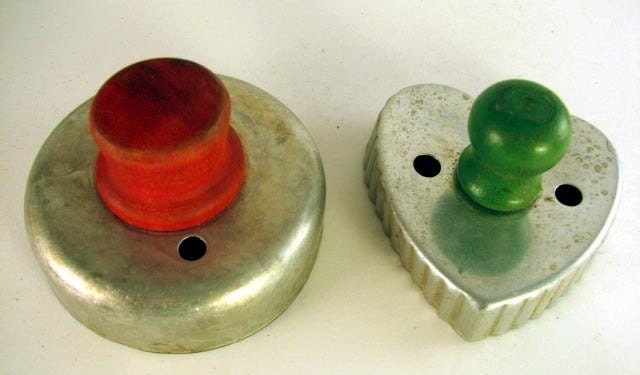 Vintage 1950 Era Cookie Cutters with Wooden Painted Handles Heart and Circle Shaped