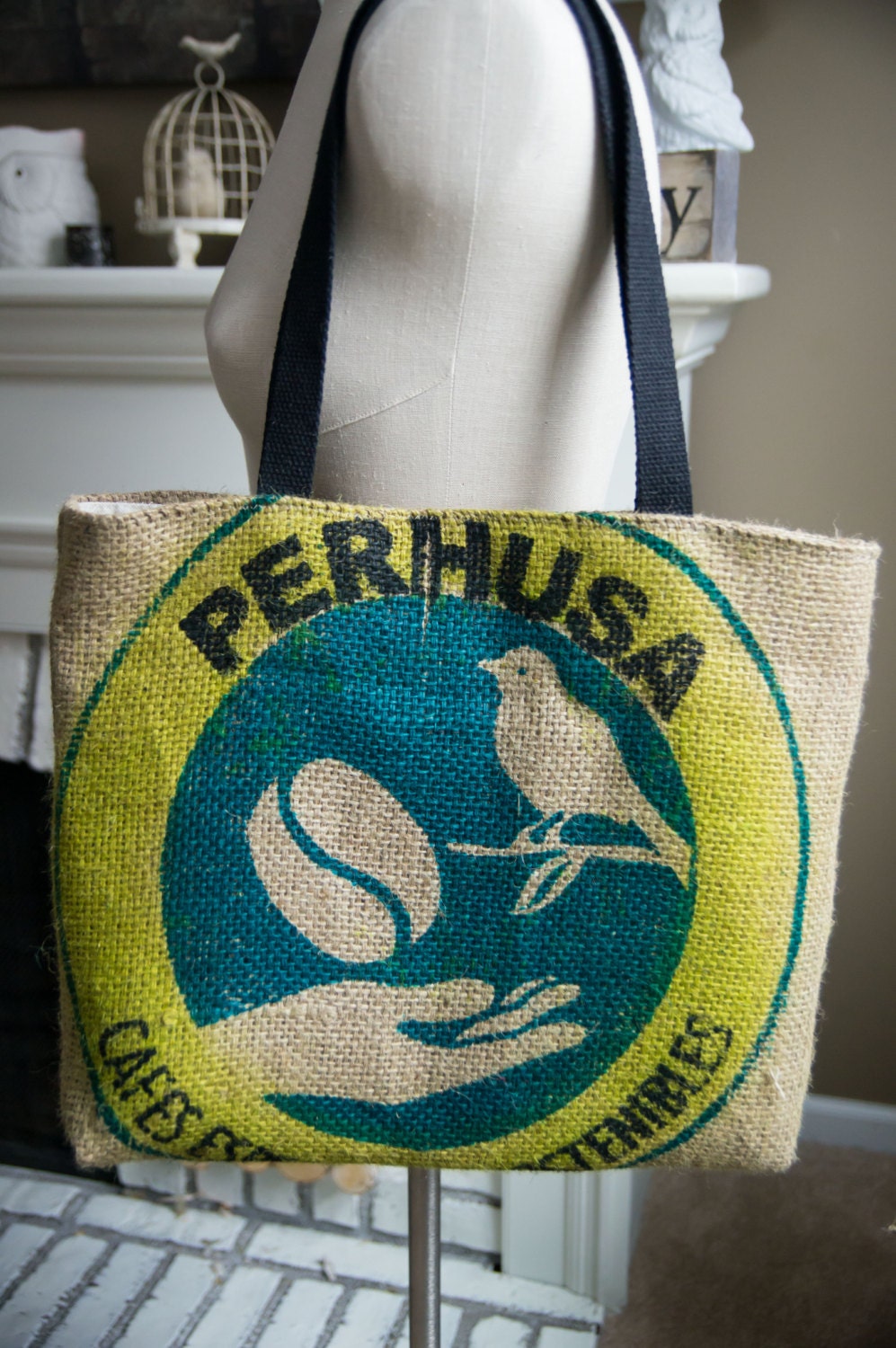 Bird Burlap Tote Bag