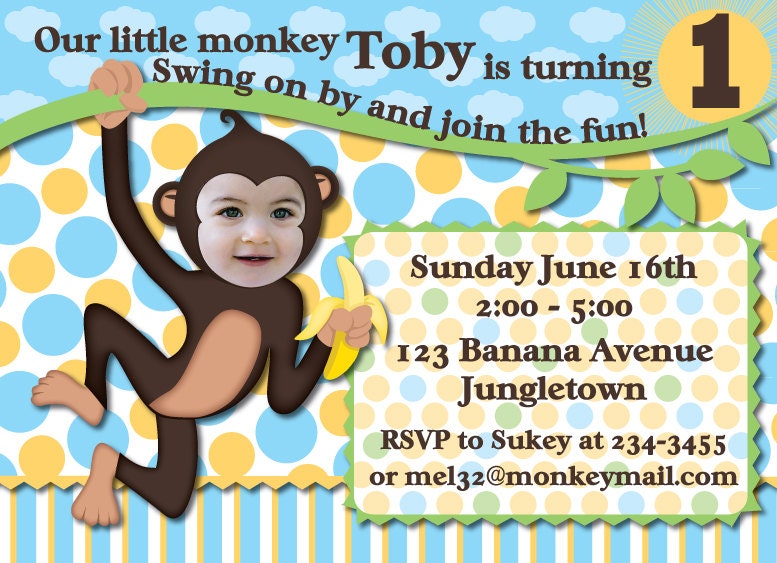 Mod Monkey Birthday Party Invitation for boy or girl DIGITAL FILE Personalized with photo