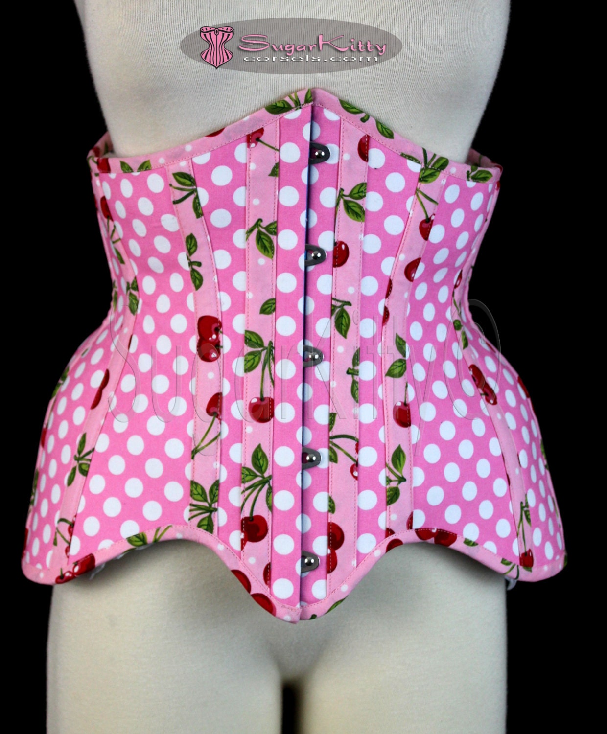 Pink & White Polka Dots/Cherries Longline Underbust Corset - SugarKitty Corsets