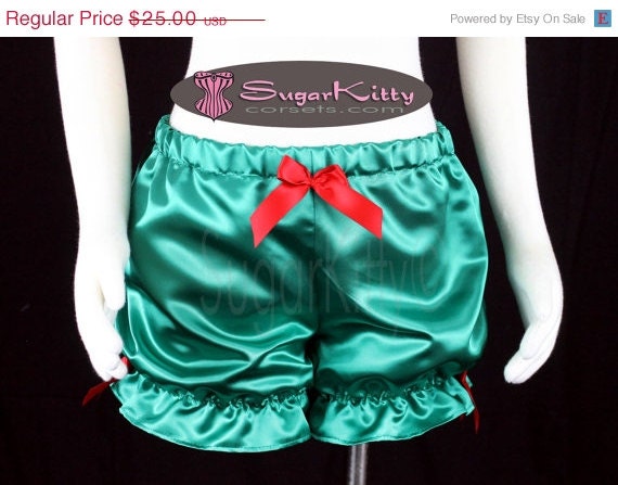 ON SALE RTW Emerald Green Satin Mini Bloomers with Red Bows - SugarKitty Corsets