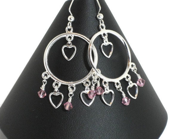 Pink Swarovski Crystal & Silver Heart Chandelier Earrings, Gift for Women, Gifts Under 20, Gift Wrapped, Gifts for Mom, Mothers Day