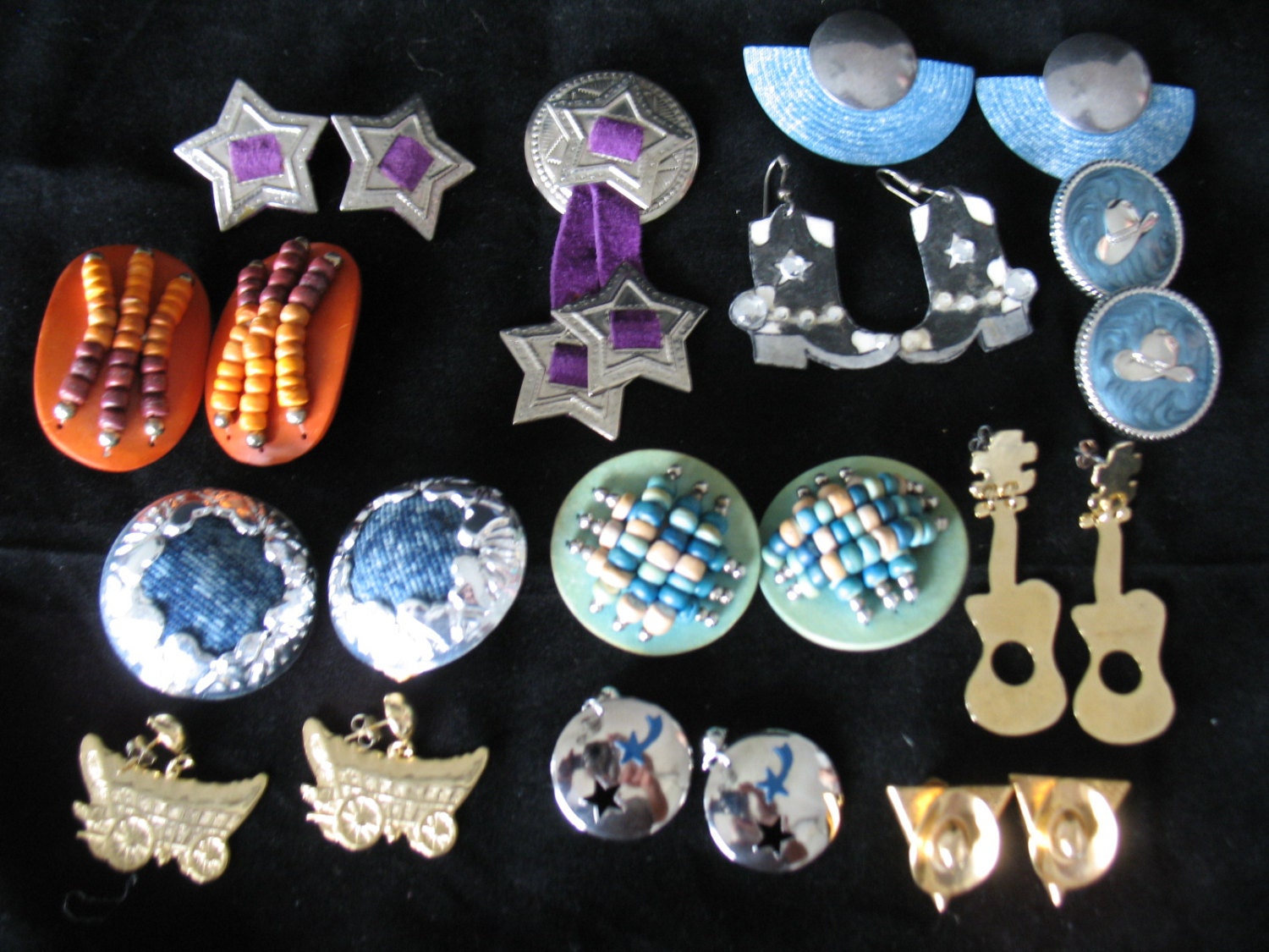 Destash Lot of 12 Vintage Jewelry Items - Country Cowgirl Theme - Earrings, Pin, Collar Points