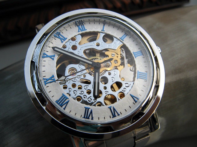 Silver and Blue Men's Classic Mechanical Wrist Watch with Metal Band - Stainless Steel - Automatic Self-winding - Item MWA4001