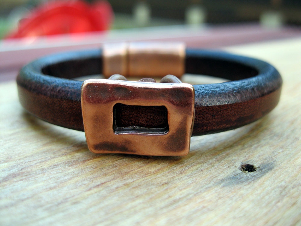 Regalize Leather Licorice Leather Distressed Brown Leather With Copper Buckle Bracelet