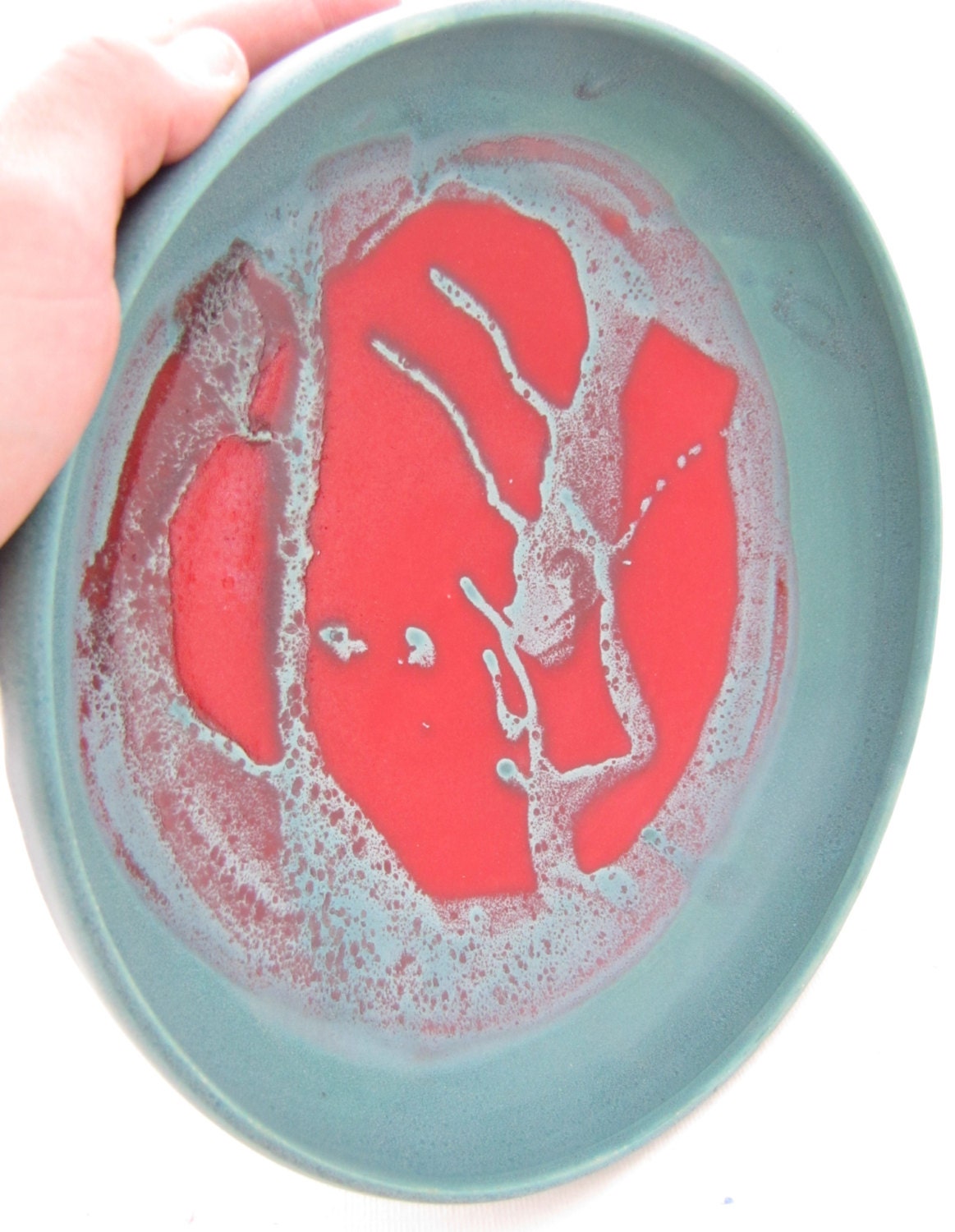 Red and Turquoise Bowl Handmade Stoneware Large Bowl Muddy Paws Pottery