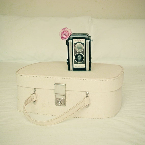 Travels with my Camera - Camera photo, suitcase photo, white suitcase, pink rose, pastel colors, feminine art 8x8 Print