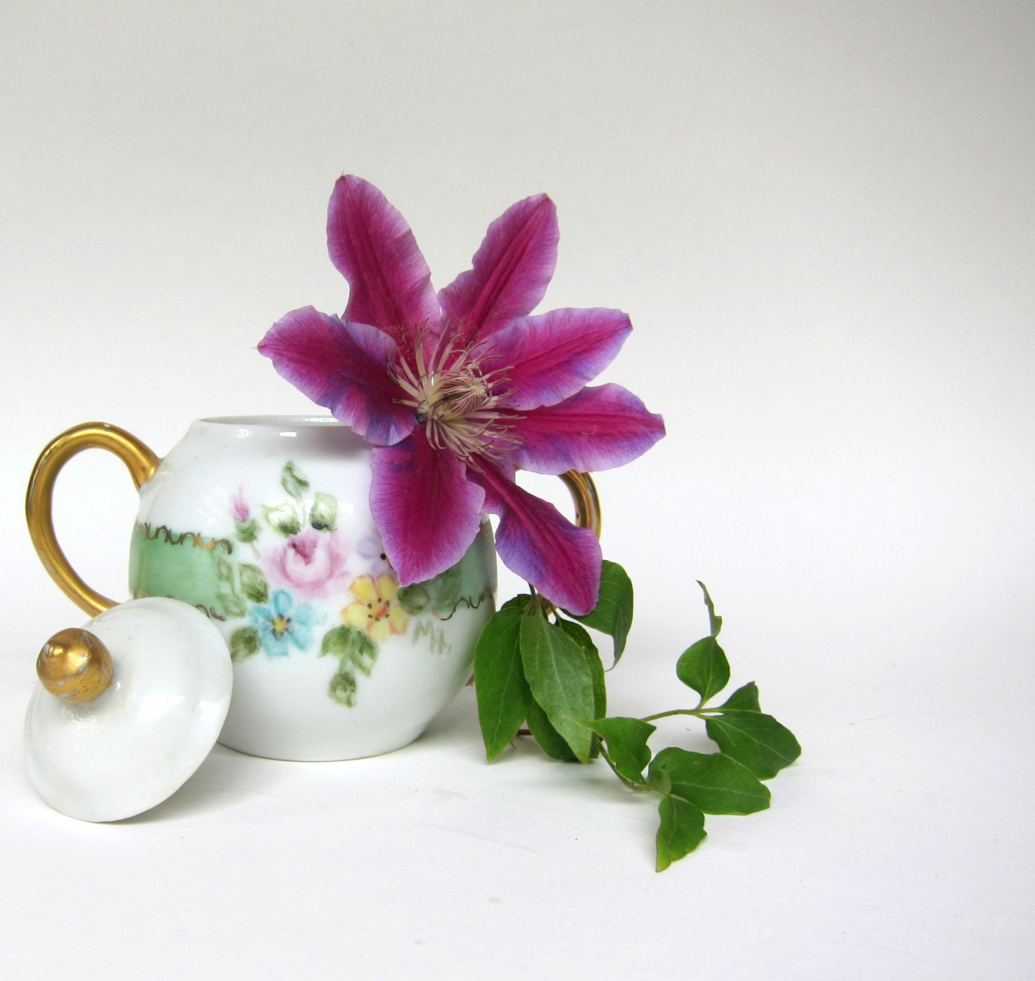 Vintage Hand Painted Sugar Bowl with Lid Shabby Chic Cottage Chic Pastel Flowers
