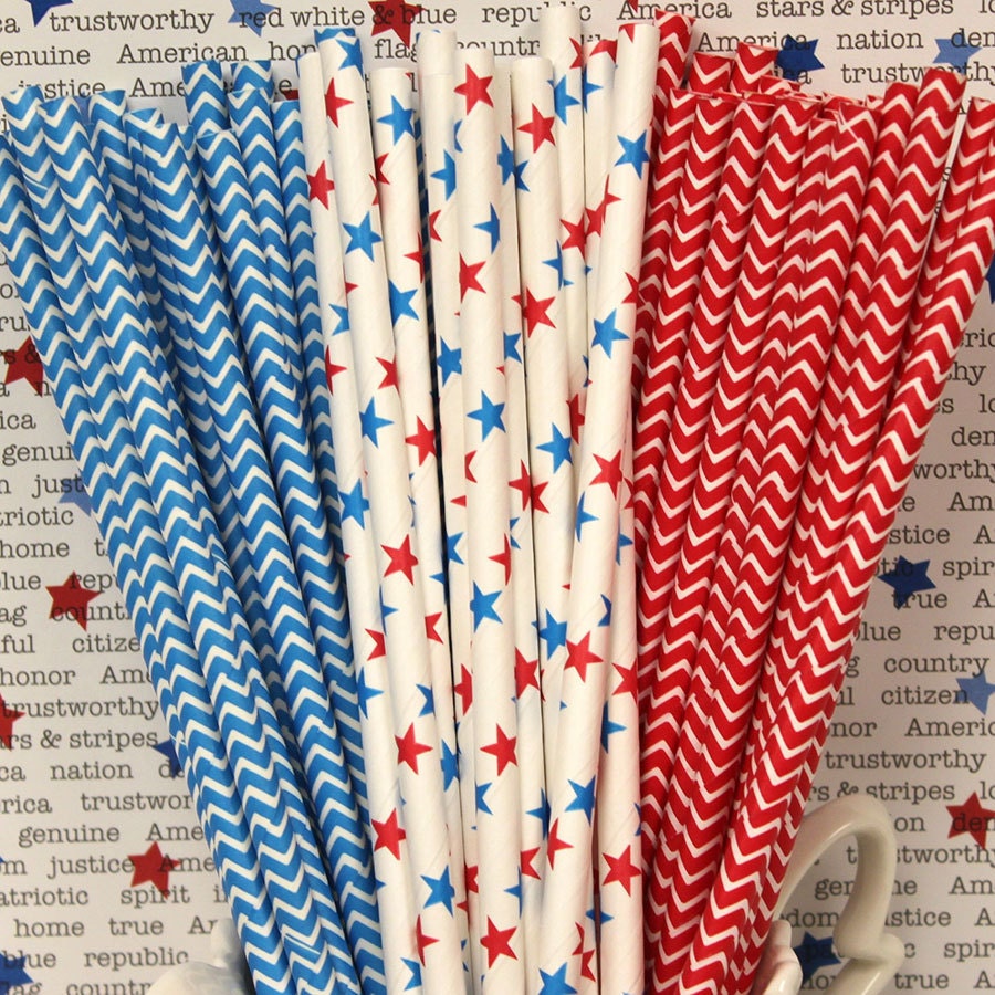 OH My Stars, Chevron and Stars Mix, 30 Assorted Red, Blue, Stars Paper Straws with Diy Flag, Memorial Day, Fourth of July, Red White Blue