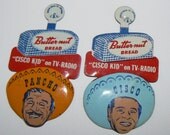 2 1950s Cisco Kid and Pancho Butternut Bread TV Radio Pinback Pins Orange and Blue