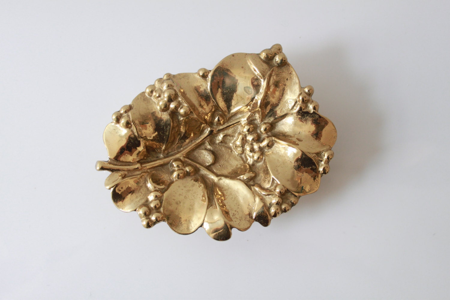 Vintage Brass Mistletoe Leaf Dish by VA Metalcrafters 1956