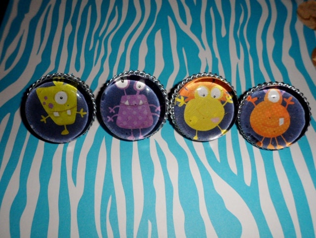 Set of Four Glass Cute Monster Themed Drawer Pulls Knobs with screws