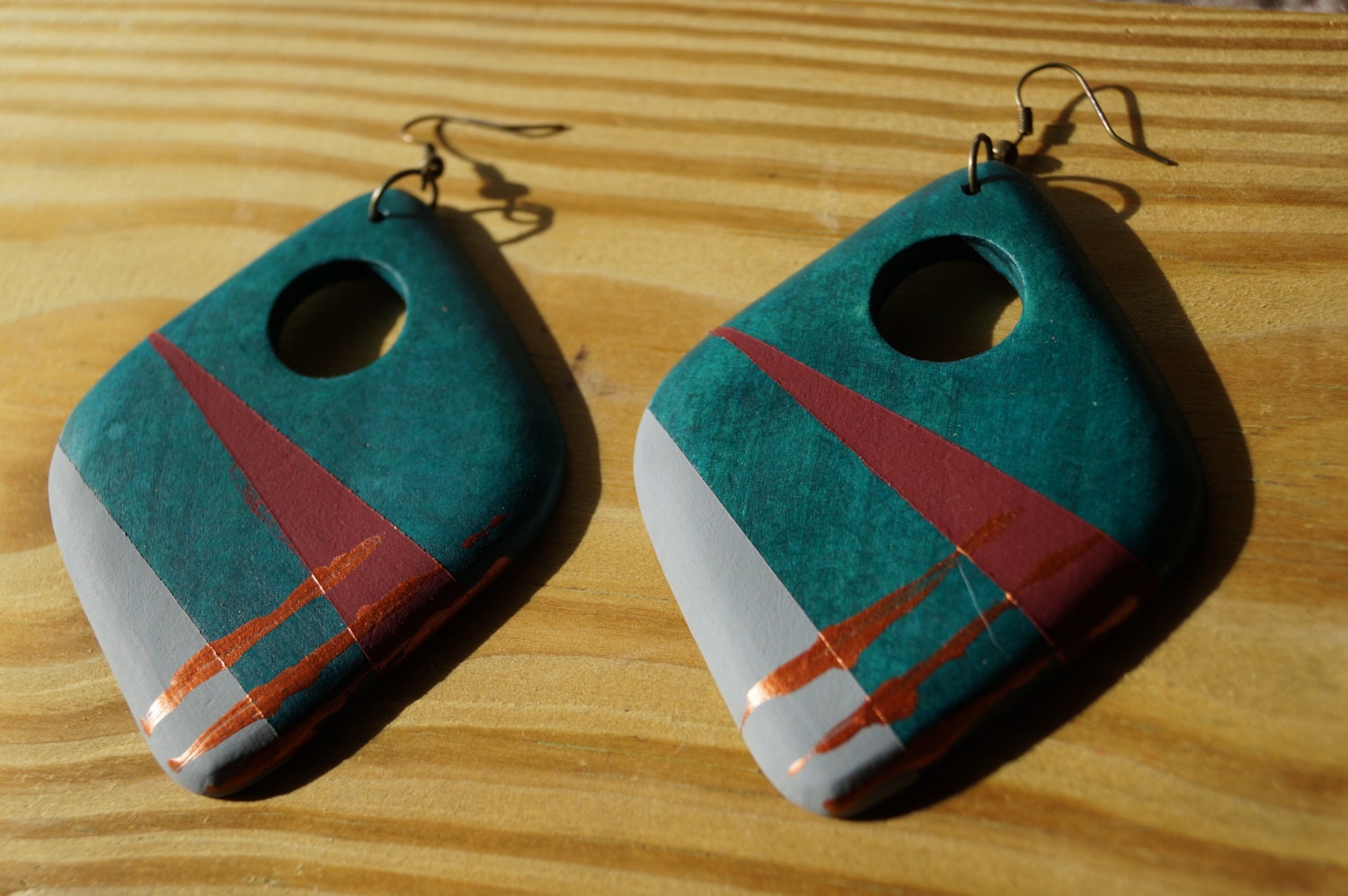 Hand Painted Wooden Diamond Shaped Earrings in Teal, Grey, and Maroon