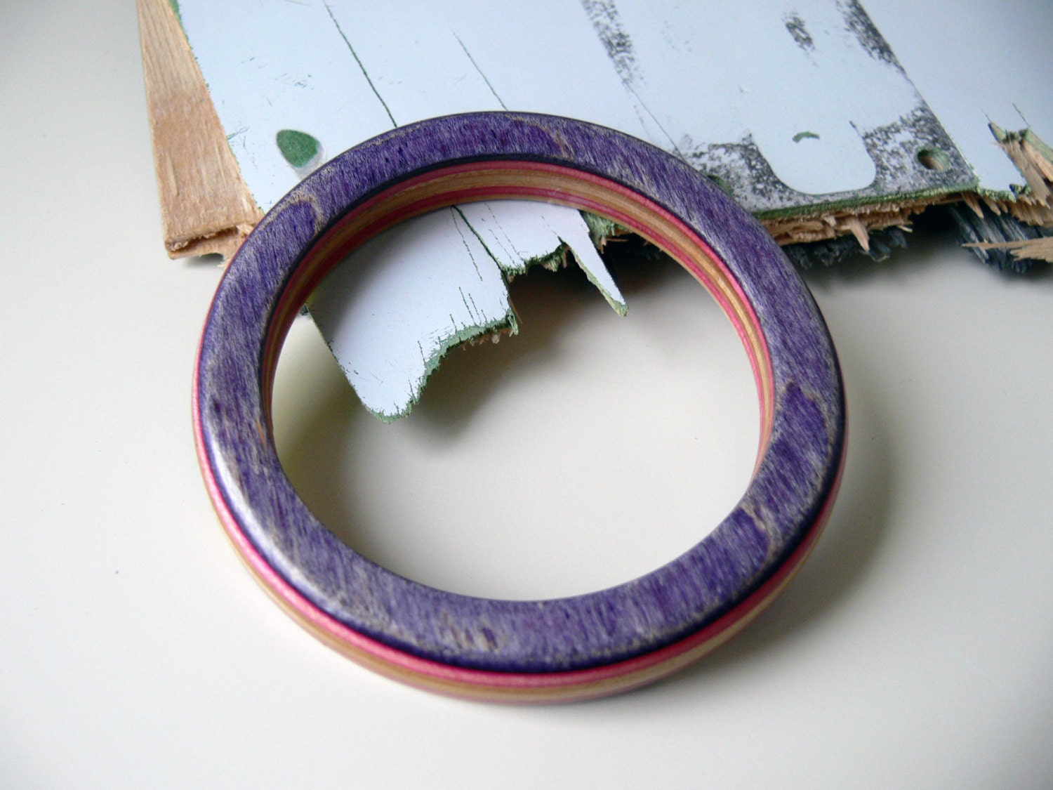 Recycled Wooden Skateboard Purple and Pink Bracelet Bangle made from with Pastel Multicolor Graphic