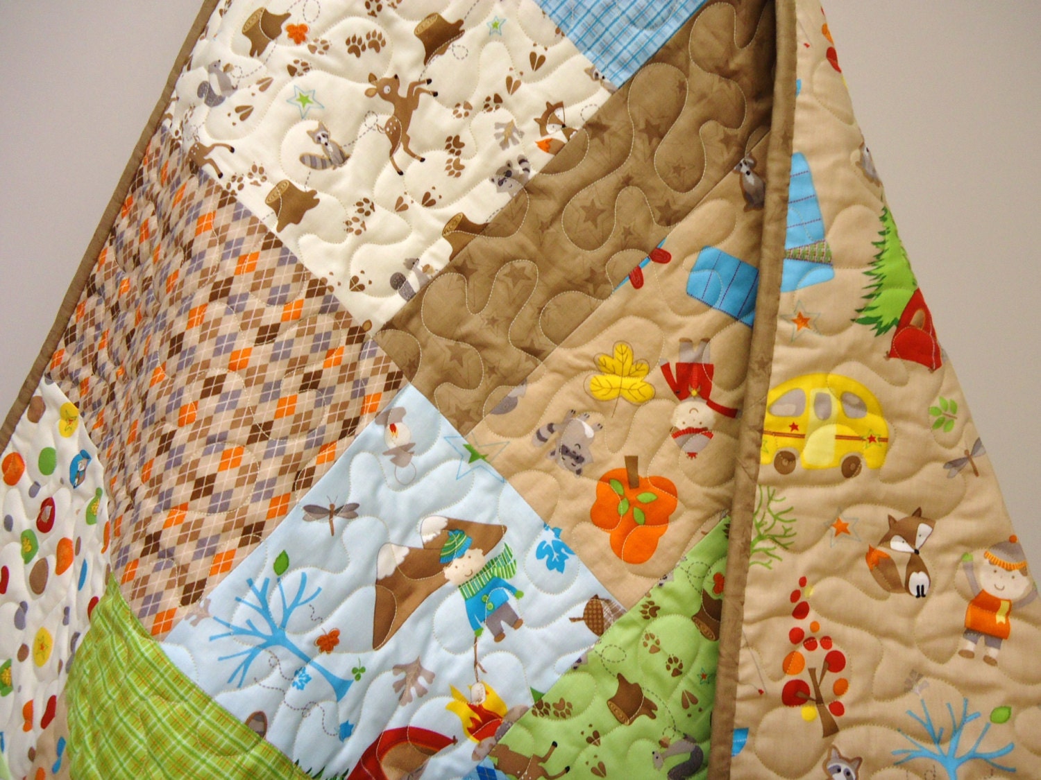 Patchwork Baby Quilt, Baby Quilt Crib, Baby Boy Modern Quilt baby, Fox Trails, Brown, Orange