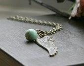 Wing Necklace, Feather Necklace, Antique Gold, Vintage Inspired, Mint Green, Angel Wing Jewelry , Angel Wing Pendant  - Celestine