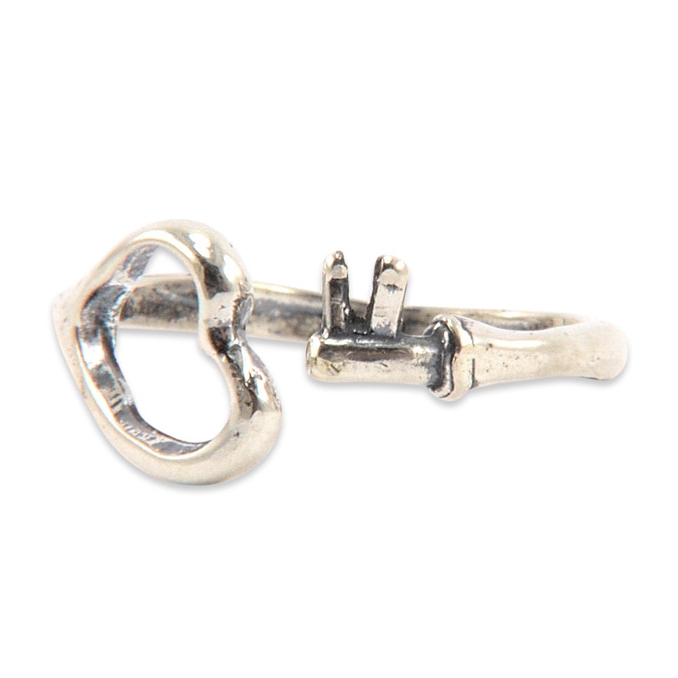 Heart Skeleton Key Ring - Solid Sterling Silver - Adjustable