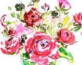 pink ranunculous watercolor, 8.5x12