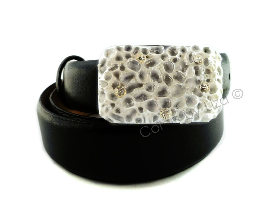 Military Style Petite Rectangle Belt Buckle Recycled Glass and Swarovski Crystals Embellished Glossy Enamel Finish