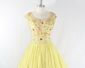 1950s Vintage Dress - Yellow Silk Chiffon and Heavily Sequined Bodice Cocktail Party Dress