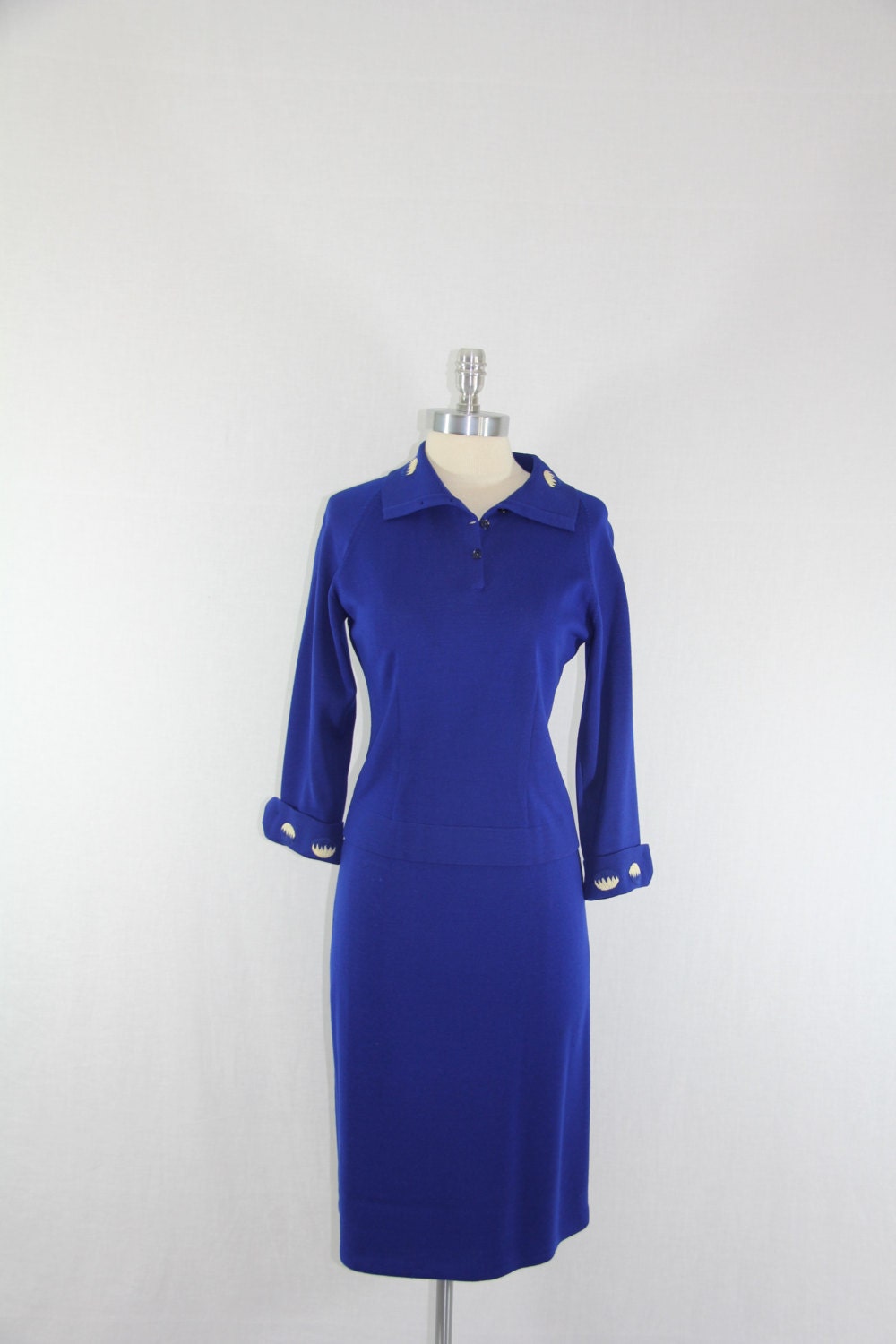 1960s Vintage Sweater and Skirt and Vest - Royal Blue Knit Form Fit Sweater Set