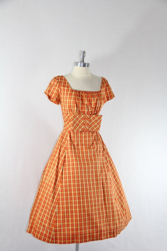 1950's Vintage Dress - Designer JONATHAN LOGAN Orange and Yellow Plaid Full Skirt Huge Bow Party Frock