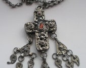 Antique Ethnic Tribal Silver and Coral Cross Necklace