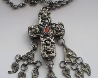 Antique Ethnic Tribal Silver and Coral Cross Necklace