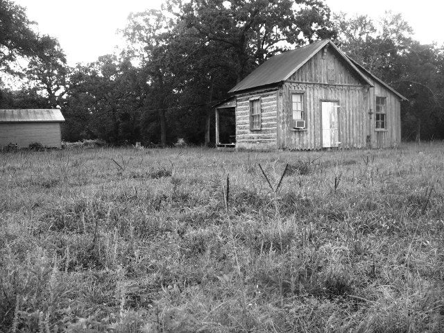 Little Old Log Haus - fine art photograph - log house, antique cabin, vintage, primitive, meadow, history, black and white photo, farmhouse