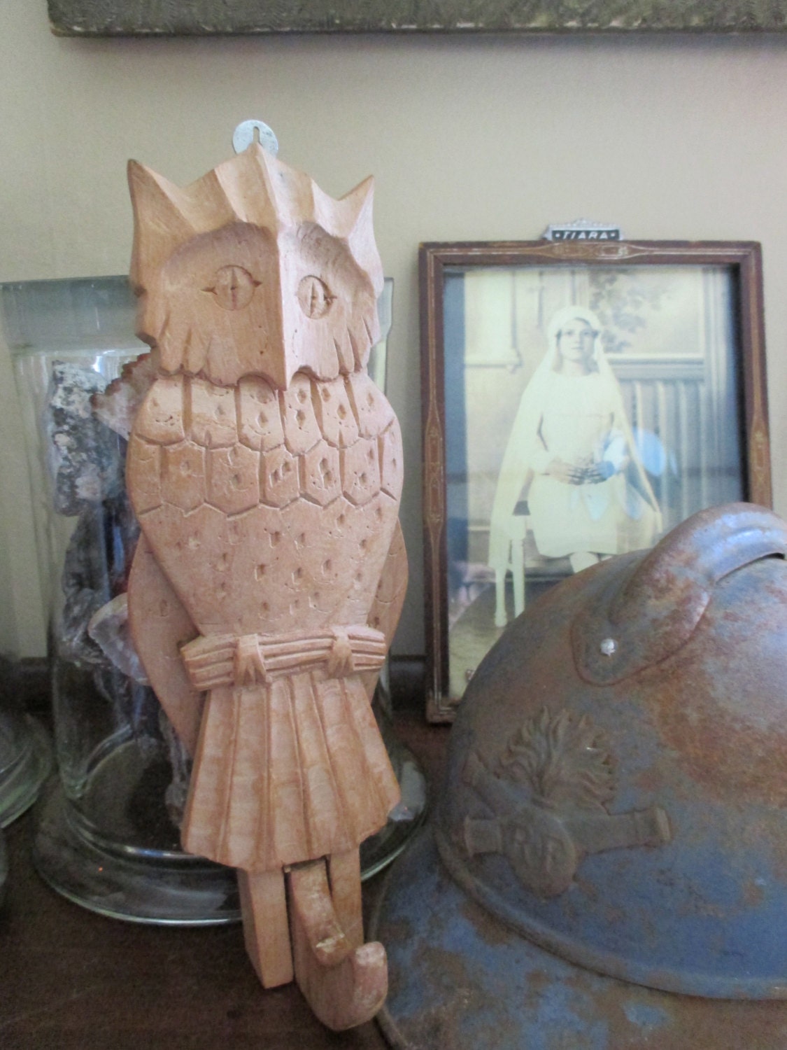 Vintage Hand Carved Wooden Owl Posable Coat / Hat / Bathrobe /Towel Hook
